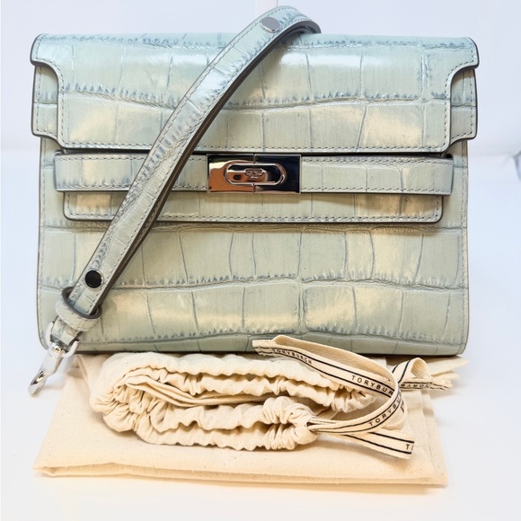 Tory Burch Lee Radziwill Ice Blue Croc-Embossed Shoulder Bag - Picture 2 of 16